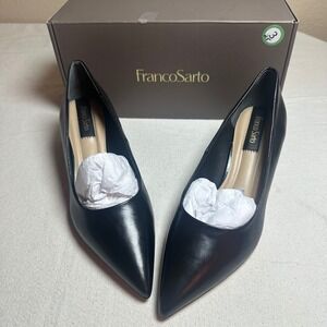 Franco Sarto Racer‎ Pump Black Leather Pointed Toe Wedge Pumps Women's Shoes NIB